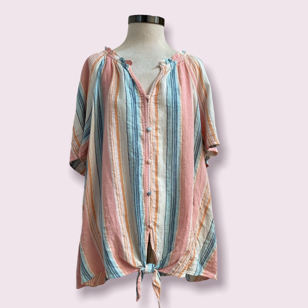 Lane Bryant Pastel Metallic Striped Tie-Front Button Up Blouse - NWT - Size 22